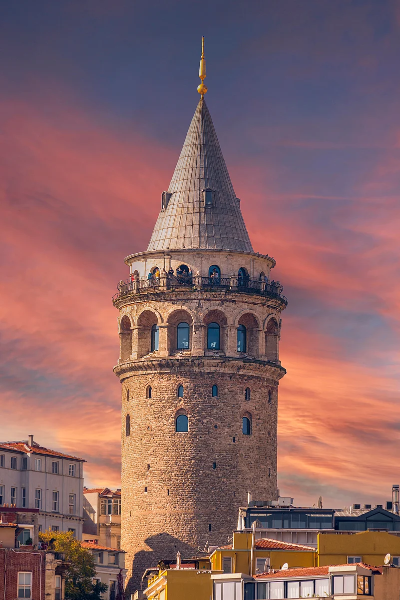 A spectacular view of Galata Tower at sunset