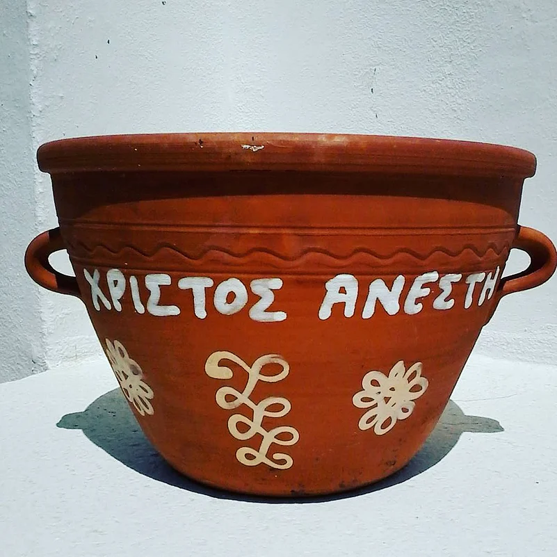 This is a special clay pot called mastelo, where the dish of the same name is cooked