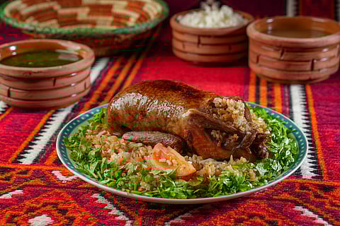 Hamam Mahshi is roasted pigeon stuffed with rice or freekeh (cracked green wheat), spices, onions, and chopped liver