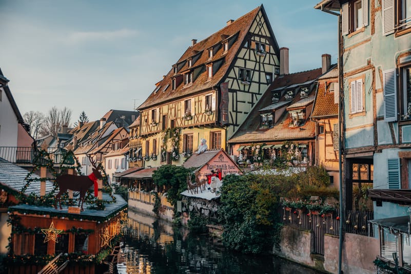 Christmas decorations and half timbered houses in Colmar, France