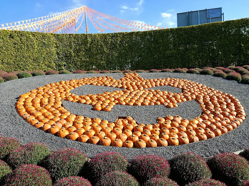 A display of pumpkins which resemble a jack-o-lantern at Gardaland Park in Italy