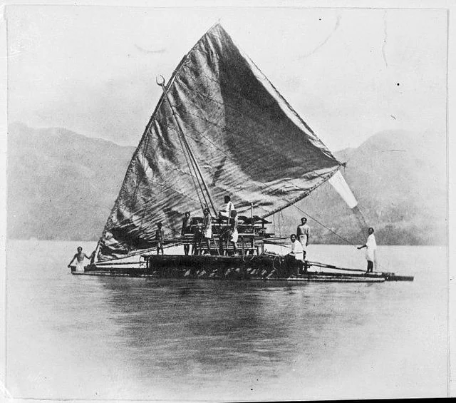 Photograph of Fijians on a drua taken in the 19th century