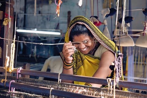 The REHWA Society empowers women through upskilling and employment, teaching their women weavers to create stunning Maheshwari sarees, silk stoles, scarves and dupattas