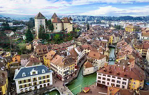 Aerial view of Annecy medieval castle.