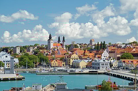 A long shot of the port town of Visby