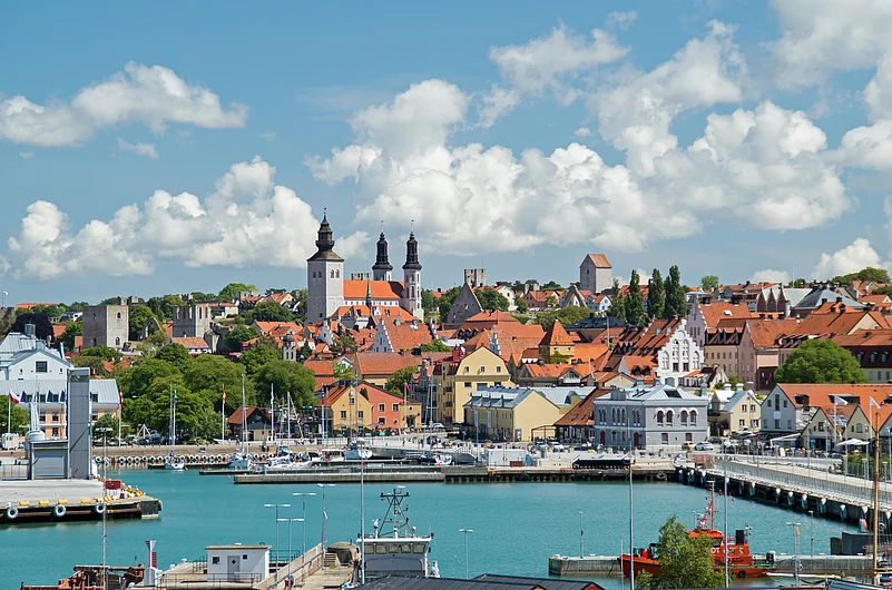A long shot of the port town of Visby