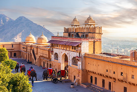 Elephant riders in Amber Fort, famous tourist attraction of Jaipur
