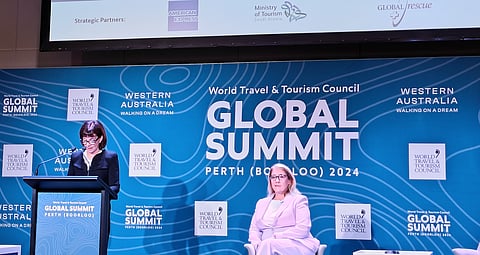 Julia Simpson, President and CEO of WTTC (left) addressing the delegates of WTTC