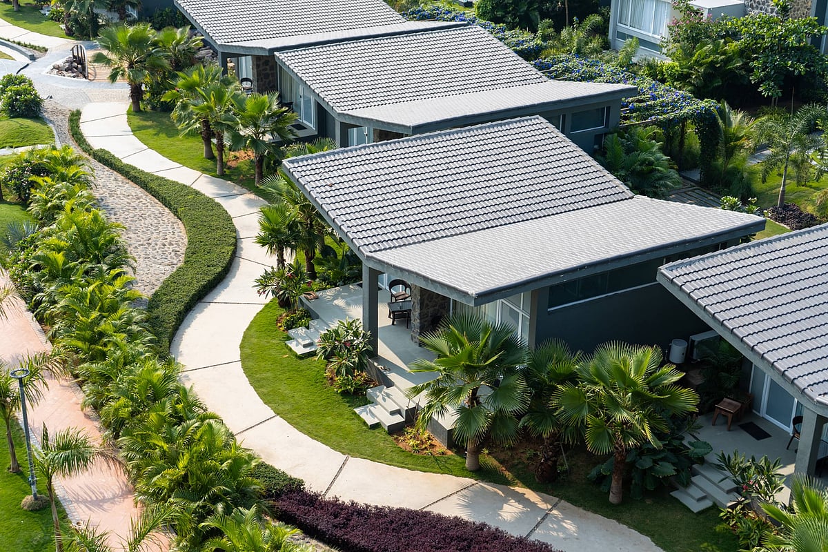 The Basalt Paradise Resort and Spa near Vadodara fuses traditional and contemporary design in its structures