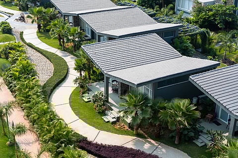 The Basalt Paradise Resort and Spa near Vadodara fuses traditional and contemporary design in its structures