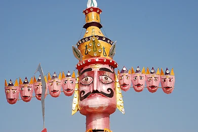 Shutterstock : The effigy of Ravana is often depicted with 10 heads, representing pride, hate, lust, fear, attachment, anger, ego, greed, insensibility and envy
