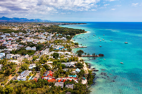 Aerial view of Mont Choisy beach in Grand Baie, Pereybere North