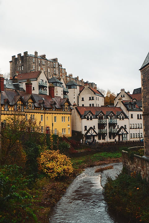 Charming and historic Dean Village in Edinburgh, Scotland during autumn