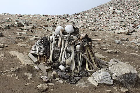 Human skeleton near the lake