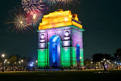 Shutterstock : A shot of the iconic India Gate at night