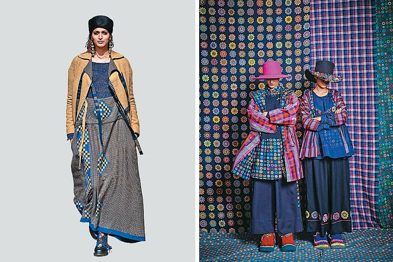 (L-R) Péros 2019 collection featuring pattu weave; Péro blends heritage textiles with vibrant and whimsical designs