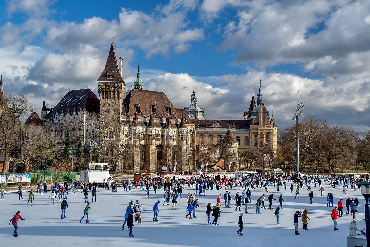 An ice skating rink in front of Vajdahunyad Castle, Budapest