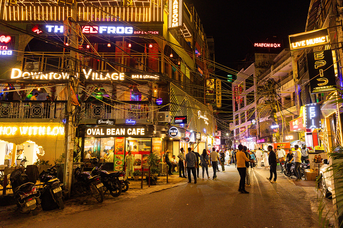 A view of a vibrant night at Hauz Khas Village