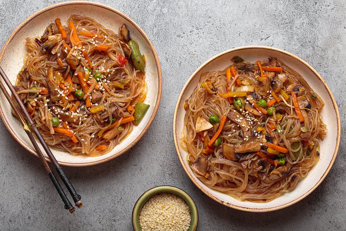 Japchae are delightful, chewy noodles that are sweet and slightly slippery