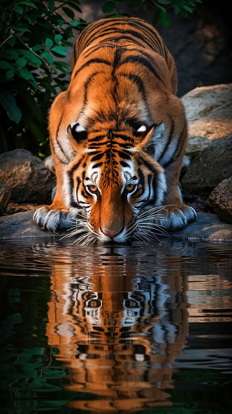 A majestic Bengal Tiger wetting its lips at the pond