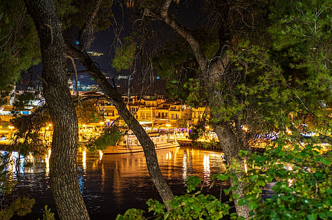 Night scenery view from the islet of Bourtzi, a small peninsula in Skiathos