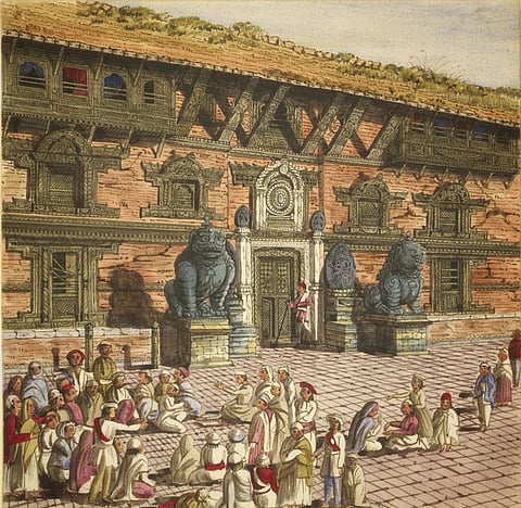 Detail of the mirrored lattice window, Nhēkanjhya, on the front façade of the palace, depicted in a watercolour by Oldfield from 1853