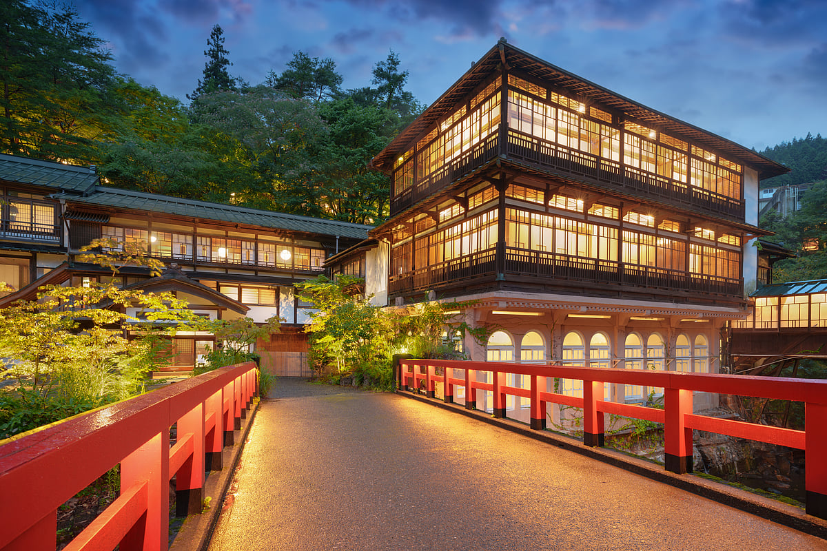 Shima Onsen, Gunma, Japan traditional architecture at dusk