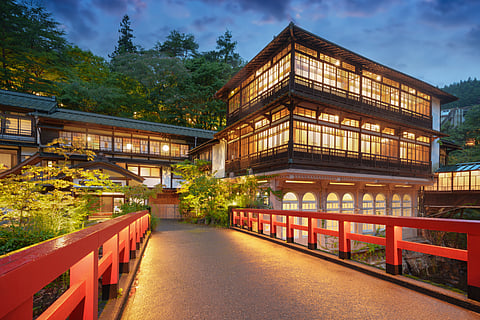 Shima Onsen, Gunma, Japan traditional architecture at dusk