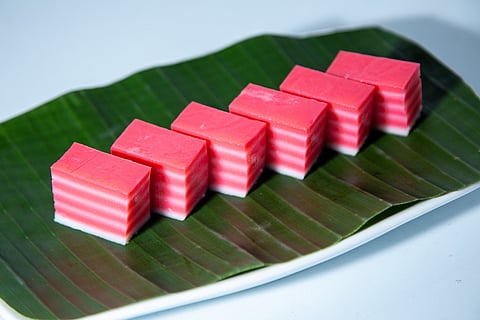 Kuih Lapis served on a banana leaf