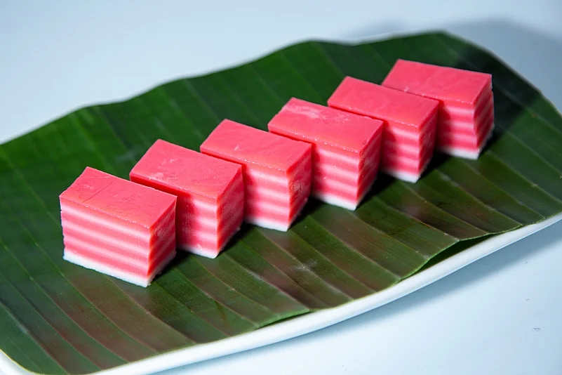 Kuih Lapis served on a banana leaf