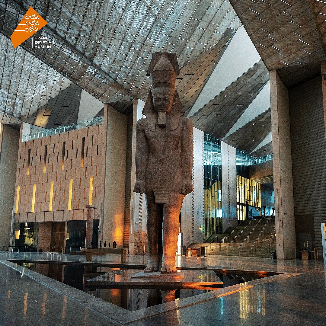 Inside the Grand Egyptian Museum, a building that exhibits Pharaonic artefacts