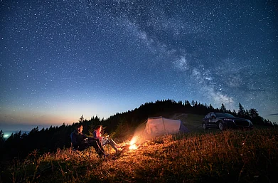 Shutterstock : Enthusiasts night camping in the mountains under starry sky with Milky way