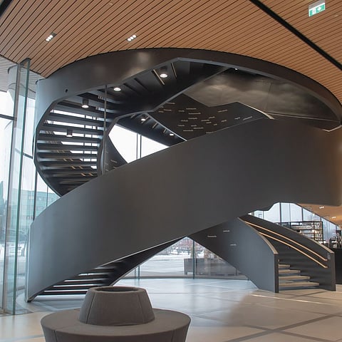 Apart from the top floor, the energy-efficient Helsinki Central Library Oodi is made entirely from wood