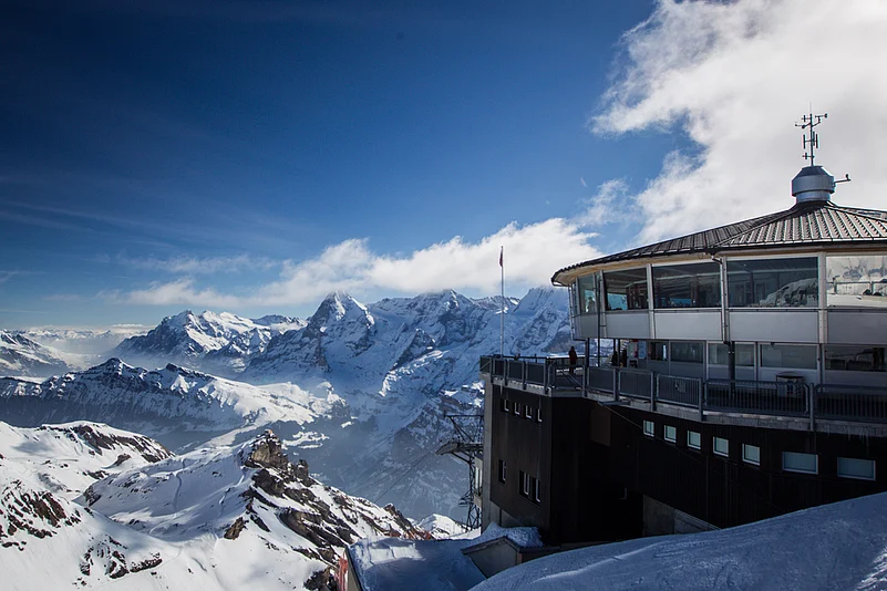 Beautiful alpine panorama on a sunny day from the top of Schilthorn