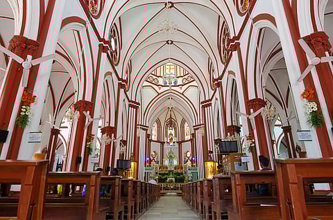 The Sacred Heart Church decorated for Christmas in Podicherry