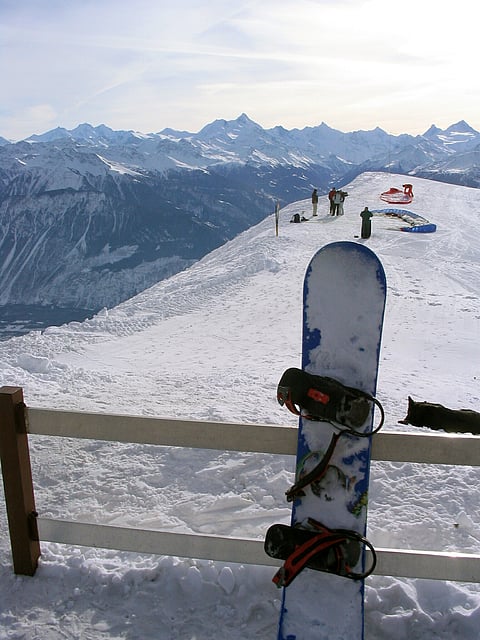 A general view of some skiers on the top of the mountain at the ski resort of Crans Montana in the Swiss Alps