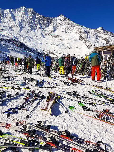 Skiers take a break in a restaurant on the slopes of the famous ski resort of Saas Fee in Canton Valais