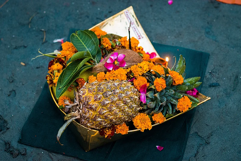 A basket of things collected for offering in the arghya