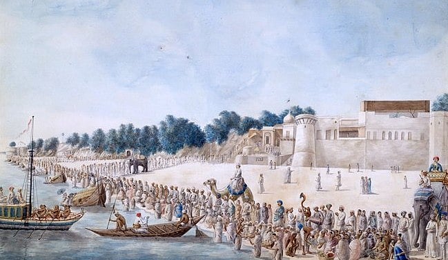 Watercolour painting (c.1795-1800) showing the Chhath Puja being celebrated on the banks of the holy Ganga at Patna, by an anonymous artist working in the style of Patna School of Painting, also known as Patna Kalam