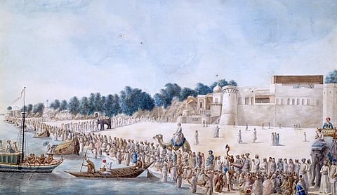 Watercolour painting (c.1795-1800) showing the Chhath Puja being celebrated on the banks of the holy Ganga at Patna, by an anonymous artist working in the style of Patna School of Painting, also known as Patna Kalam