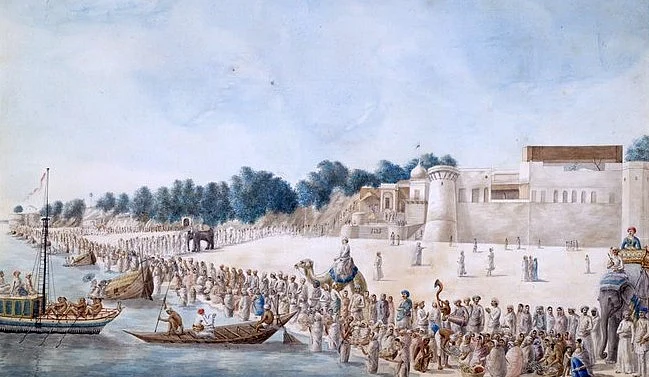Watercolour painting (c.1795-1800) showing the Chhath Puja being celebrated on the banks of the holy Ganga at Patna, by an anonymous artist working in the style of Patna School of Painting, also known as Patna Kalam