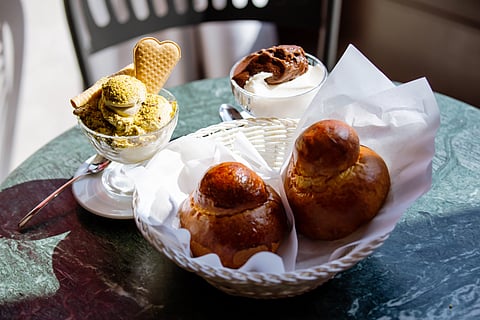 Sicilian breakfast with pistachio gelato, almond and chocolate granita, brioches