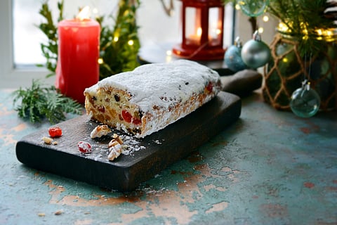 Christstollen is a light, airy fruitcake that is low in sugar