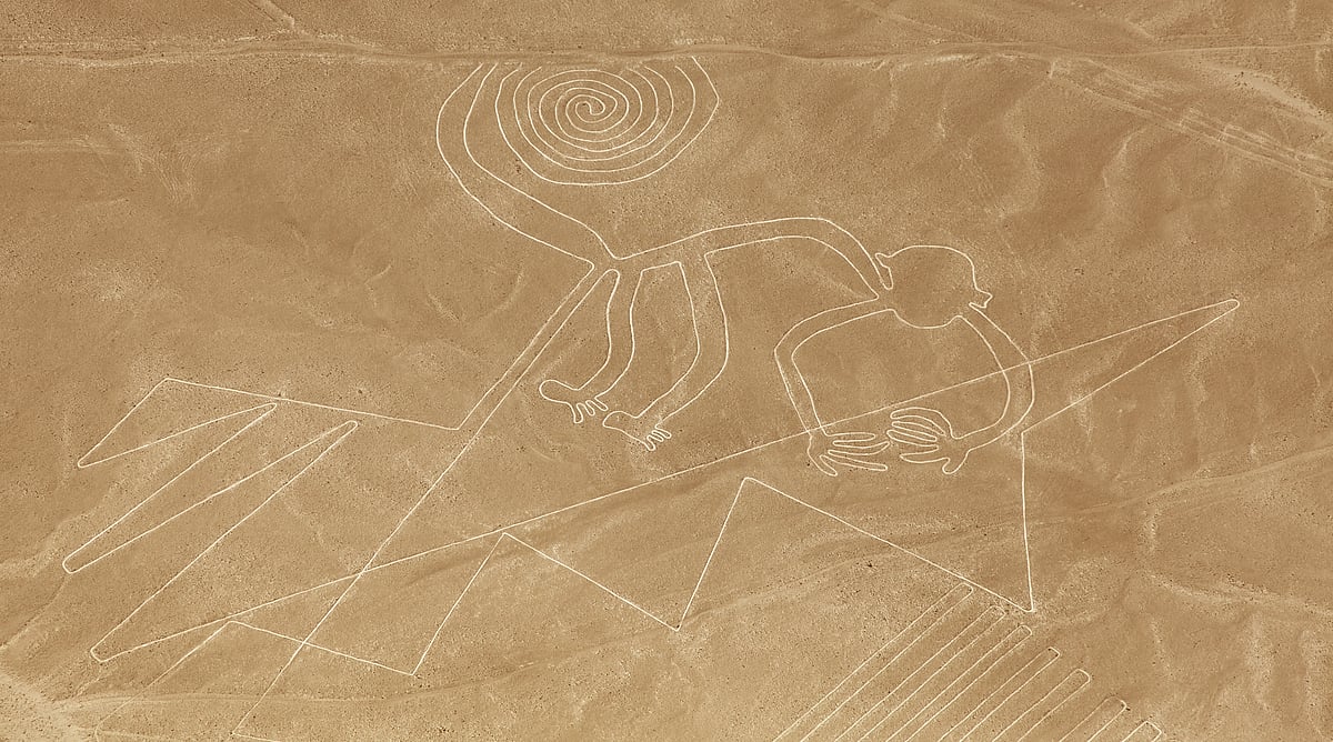 Aerial view of the mysterious Monkey geoglyph, one of the iconic Nazca Lines
