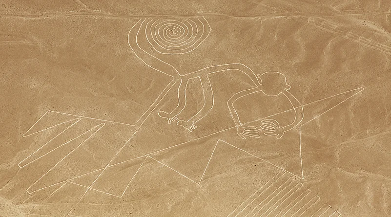 Aerial view of the mysterious Monkey geoglyph, one of the iconic Nazca Lines
