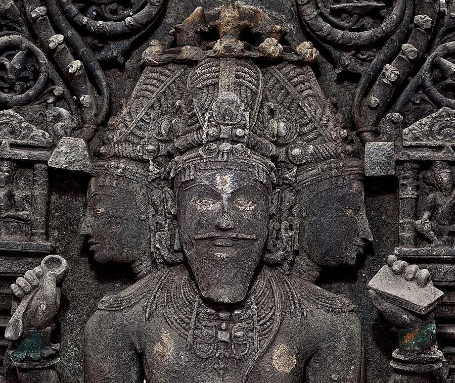 The idol of Brahma in the Brahma Karmali Temple is shown in the Trimurti form of Brahma, Vishnu and Mahesh