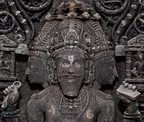 The idol of Brahma in the Brahma Karmali Temple is shown in the Trimurti form of Brahma, Vishnu and Mahesh