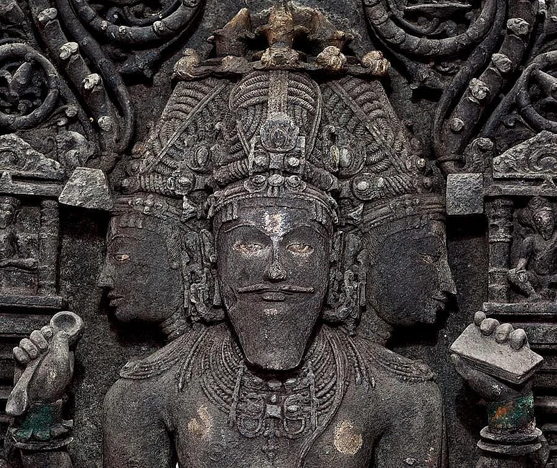 The idol of Brahma in the Brahma Karmali Temple is shown in the Trimurti form of Brahma, Vishnu and Mahesh