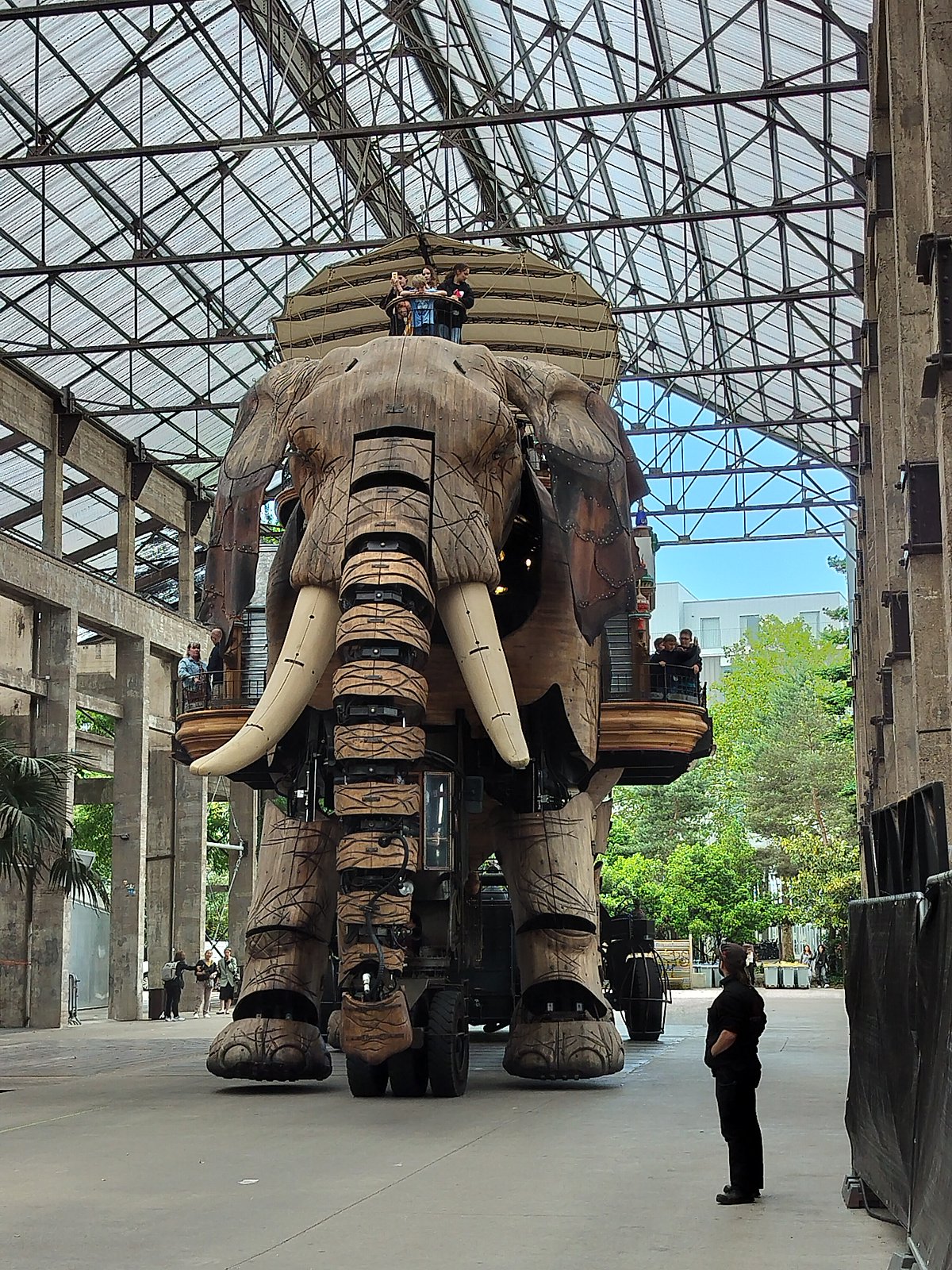The mascot of Nantes is a wooden elephant that is 12 metres high, eight metres wide and 21 metres long. It can carry up to 50 people at a time and takes them around for half-hour-long trips