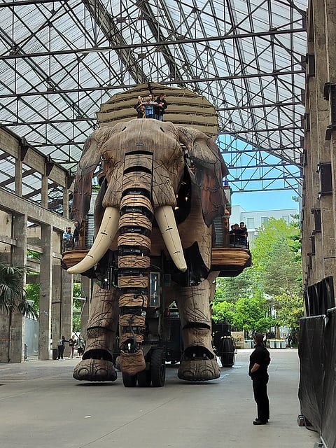 The mascot of Nantes is a wooden elephant that is 12 metres high, eight metres wide and 21 metres long. It can carry up to 50 people at a time and takes them around for half-hour-long trips